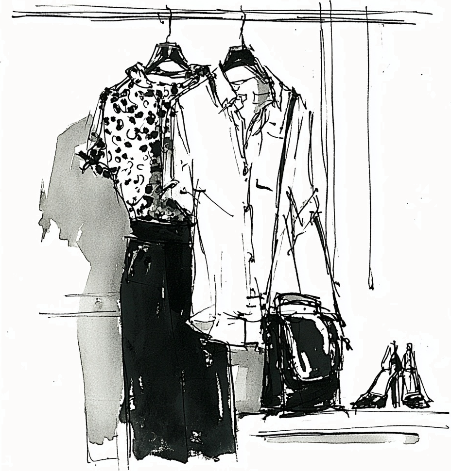 An illustration of several curated fashion pieces to form a complete outfit.